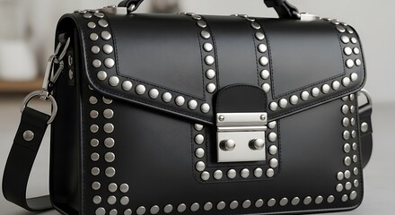 Obraz premium Black Leather Handbag with Silver Studs.