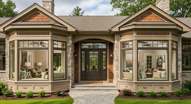 Luxury Home Exterior with Bay Windows and Modern Front Door.