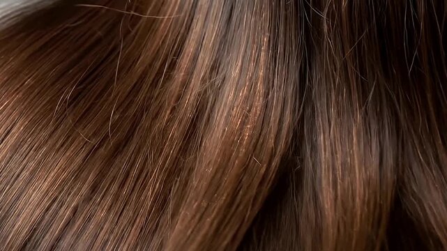 A mesmerizing close-up of lustrous, flowing dark brown hair with subtle natural highlights. The individual strands catch the light, revealing a healthy, soft texture and gentle waves. This dynamic foo