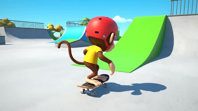 Enthusiastic cartoon monkey character on a skateboard performing tricks at a sunny outdoor skatepark, embodying a lively and playful spirit in extreme sports activity