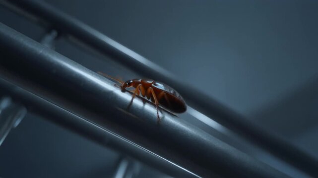 Bed bug pest crawling on metal bed frame in dim blue lighting