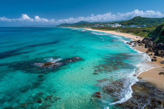 Kenting Baishawan Beach in southern Taiwan, pristine white sand beach with turquoise tropical water, gentle waves and clear sky, tropical coastline landscape, natural sunlight.