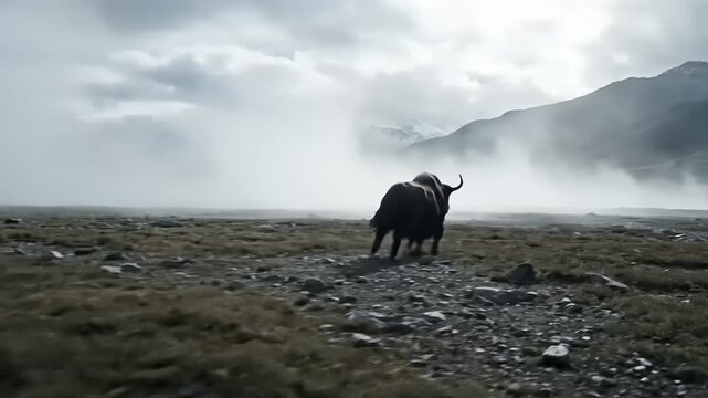 A resilient yak navigates a vast, misty mountain range, showcasing the serene yet rugged beauty of a wild high-altitude landscape under dramatic, cloudy skies