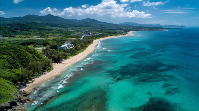 aerial view of Baishawan Beach Kenting Taiwan, long stretch of white sand coastline, crystal clear turquoise ocean water, tropical island scenery, drone photography perspective.