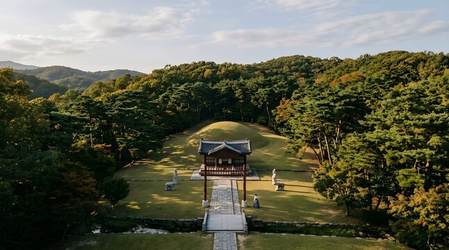 Sunrise at a serene Korean Royal Tomb with stone statues and an ancient gate in a pine forest.