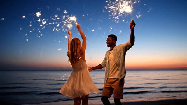 Couple Celebrating with Sparklers Beach.