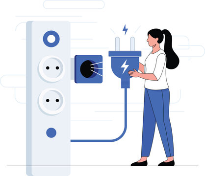 Woman Plugging Electric Charger Power Outlet Electricity Energy Vector Illustration