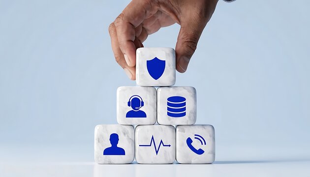 Hand placing a cube with a shield on a pyramid of cubes with various