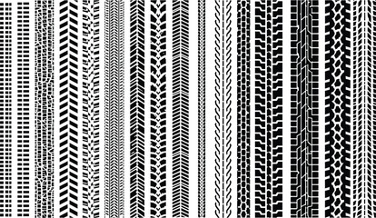 Set of black tire tread patterns and track marks including various rubber textures for automotive transport vehicle and heavy industrial machinery © ΠISH4N I5L4M