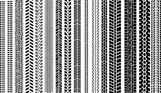 Set of black tire tread patterns and track marks including various rubber textures for automotive transport vehicle and heavy industrial machinery
