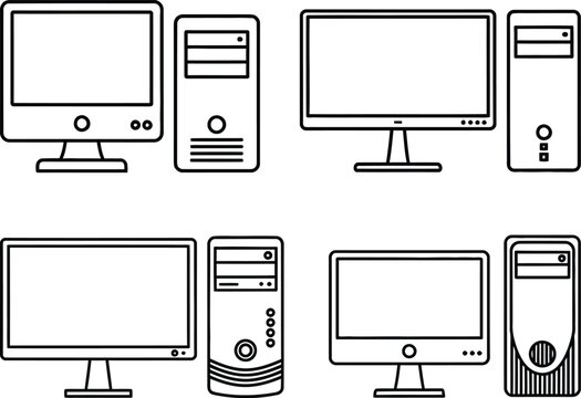 A collection of four distinct desktop computer setups illustrated in a simple black line art style