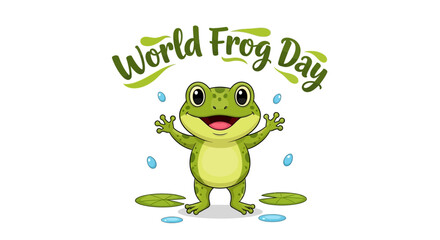 A cheerful cartoon frog with outstretched arms stands on lily pads, surrounded by raindrops, under 'World Frog Day' text in a playful, green font on a white background. © Surya16