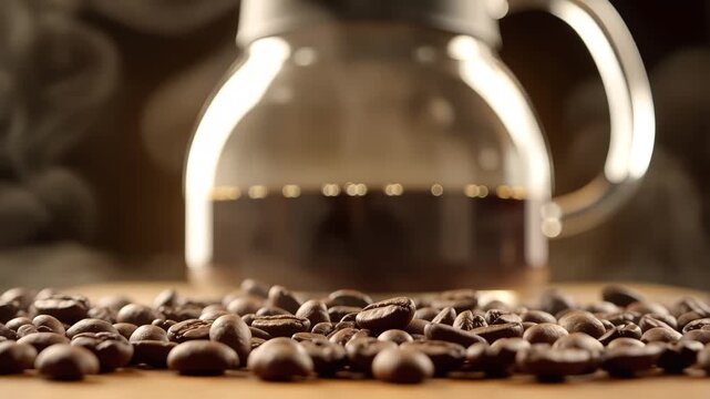 Freshly roasted aromatic coffee beans are artfully scattered across a warm wooden surface, creating a rustic texture, perfectly complementing a steaming clear glass coffee pot brimming with rich,