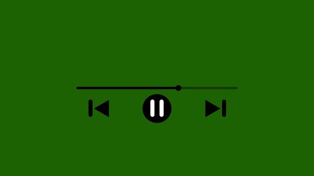Black and white video player UI elements featuring a pause button, skip track icons, and a progress seek bar. Modern flat design for multimedia applications, music streaming, and video playback.