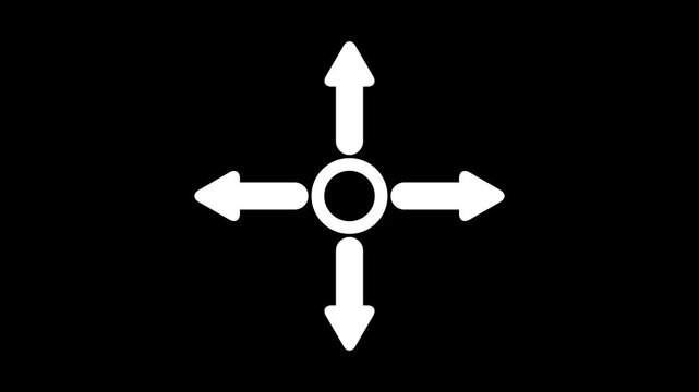 Minimalist White four-way arrow icon pointing up, down, left, and right on a Black background. Concept for navigation, multiple choices, distribution, expansion, orientation, and flexibility.
