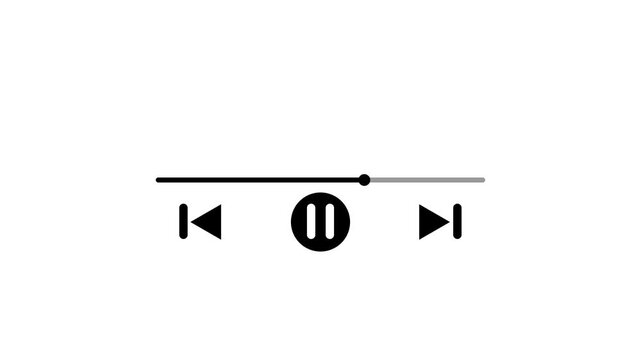 Black and white video player UI elements featuring a pause button, skip track icons, and a progress seek bar. Modern flat design for multimedia applications, music streaming, and video playback.