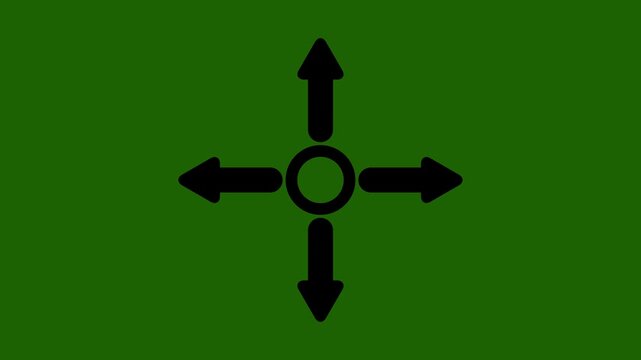 Minimalist black four-way arrow icon pointing up, down, left, and right on a Green background. Concept for navigation, multiple choices, distribution, expansion, orientation, and flexibility.
