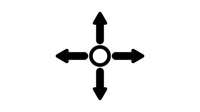 Minimalist black four-way arrow icon pointing up, down, left, and right on a white background. Concept for navigation, multiple choices, distribution, expansion, orientation, and flexibility.