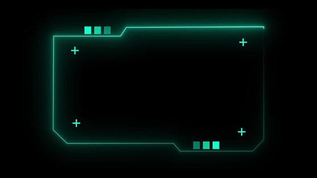 Glowing cyan neon digital HUD frame with tech elements on a black background. Sci-fi border for video overlays, futuristic UI displays, gaming interfaces, and high-tech data presentation concepts.