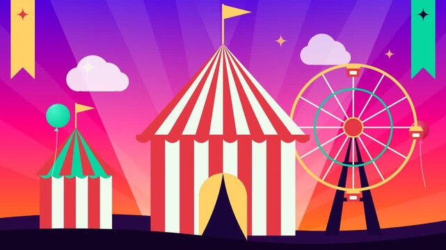 Vibrant evening carnival scene with striped tents and Ferris wheel under a radiant gradient sky, capturing the joyful spirit of festive amusement.