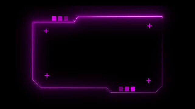 Glowing pink neon digital HUD frame with tech elements on a black background. Sci-fi border for video overlays, futuristic UI displays, gaming interfaces, and high-tech data presentation concepts.