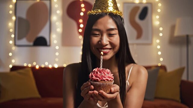 Birthday Month. Girl Math. Celebration / Food. A photorealistic medium shot of a woman blowing out a single candle on a luxury cupcake, wearing a party hat, set in a chic apartment
