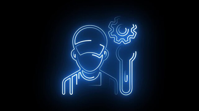 Glowing blue neon line art of a repairman with a gear and wrench icon on a black background. Ideal for technical support, industrial maintenance, mechanical service, and manual labor concepts.