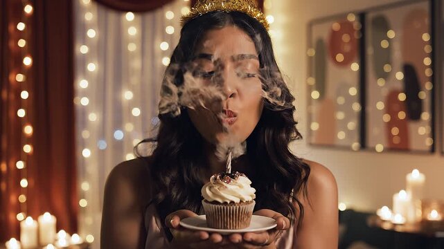 Birthday Month. Girl Math. Celebration / Food. A photorealistic medium shot of a woman blowing out a single candle on a luxury cupcake, wearing a party hat, set in a chic apartment

