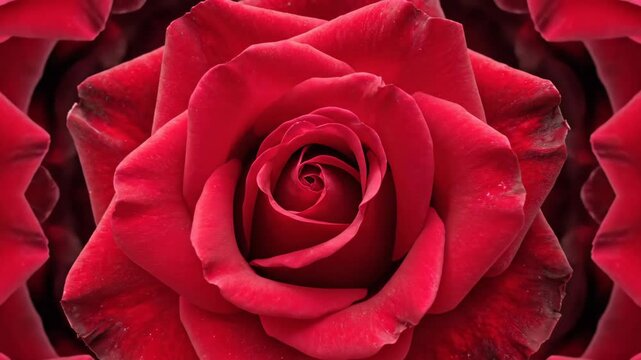 Hypnotic red rose blooming against mesmerizing kaleidoscope background animation