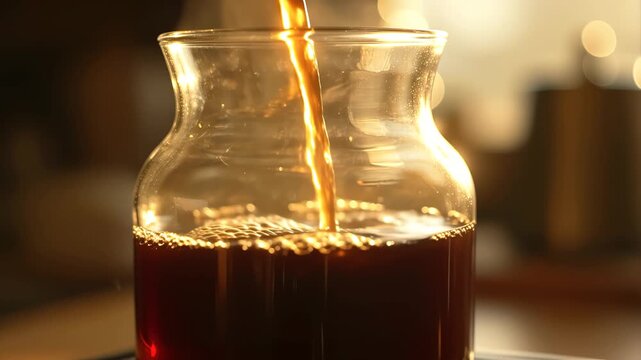 Rich, dark coffee cascades gracefully into a clear glass carafe, forming a mesmerizing golden stream that beautifully illuminates the deep brown liquid already settled within, perfectly capturing the