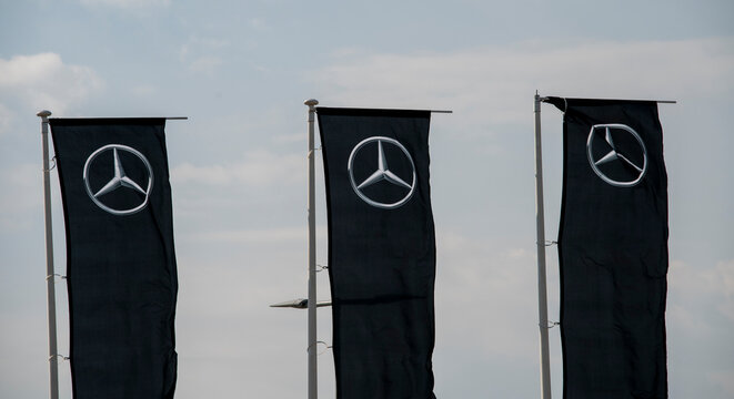 Nitra, Slovakia - March, 15, 2026 - Mercedes Benz dealership logo sign shop. Mercedes dealership car store in Nitra. Slovakia.