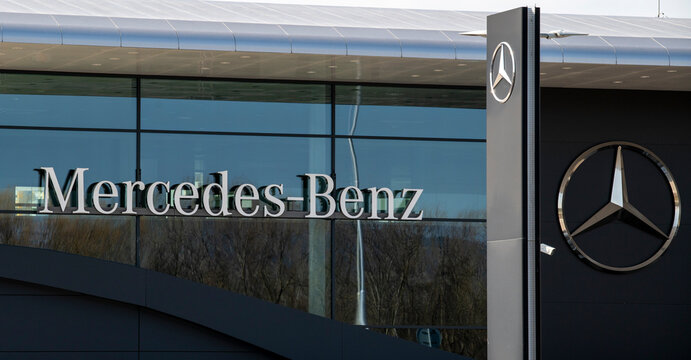 Nitra, Slovakia - March, 15, 2026 - Mercedes Benz dealership logo sign shop. Mercedes dealership car store in Nitra. Slovakia.