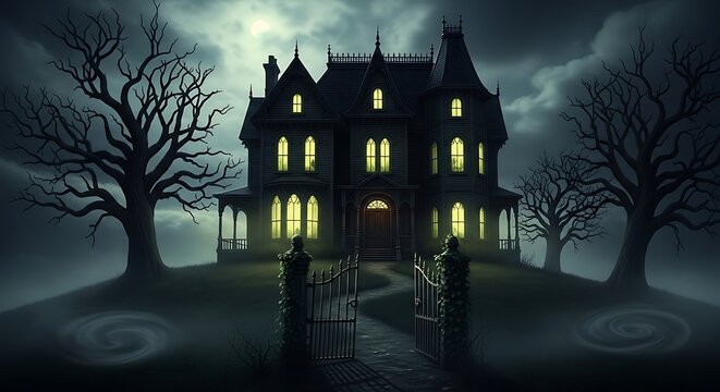 Spooky Mansion with Bare Trees at Night.