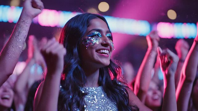 Concert Memory. Girl Math. Entertainment / Youth. A photorealistic medium shot of a woman cheering at a music concert, wearing sparkly makeup, set against blurred stage lights
