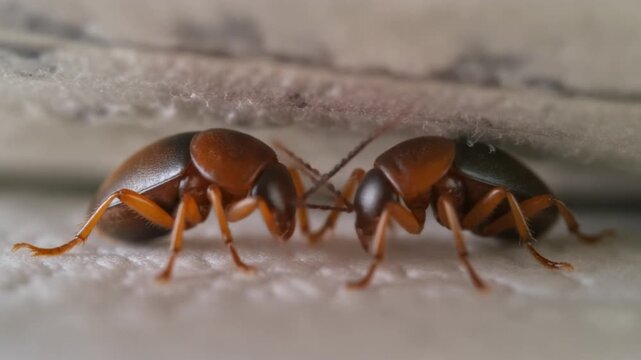 Macro of Two Bed Bugs Crawling on a Mattress Surface