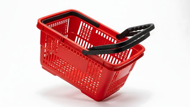 Empty Red Plastic Shopping Basket with Black Handle on White Background.