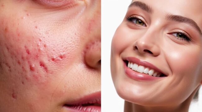 Before and After Acne Treatment Comparison Showing Problematic Skin With Pimples Versus Clear Glowing Healthy Skin in Young Woman
