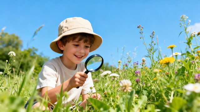Child exploring flowers with magnifying glass
