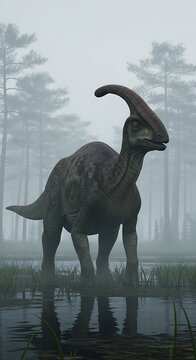 Parasaurolophus Dinosaur Standing in Misty Forest.