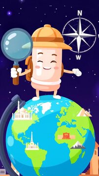 Cute cartoon character exploring planet Earth with a magnifying glass