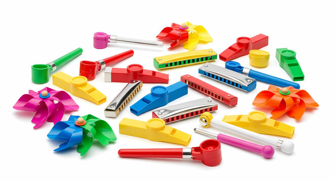 Colorful Kazoo Toys and Pinwheels on White Background