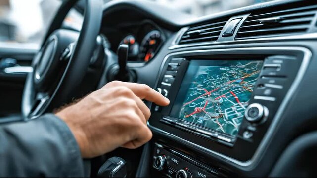 Driver's hand using car navigation GPS system
