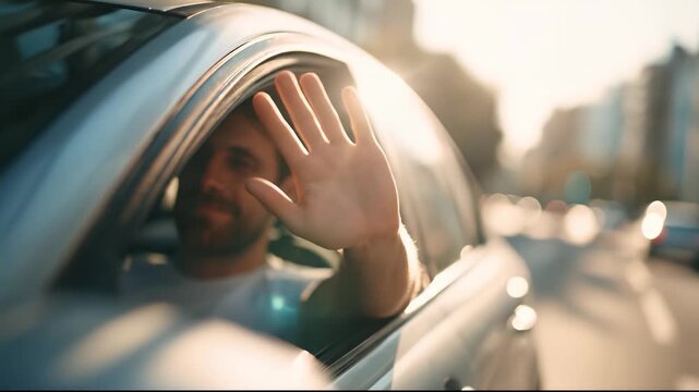 Man waving hand from car window saying goodbye