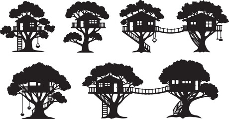 Black Solid Kids Tree House Silhouettes Set of Six on White Background © Lubna