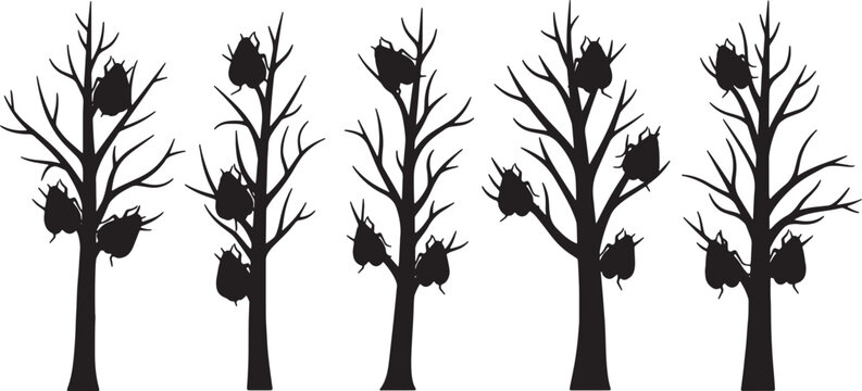 Black Solid Lantern Fly Tree Silhouettes Set of Six on White Background