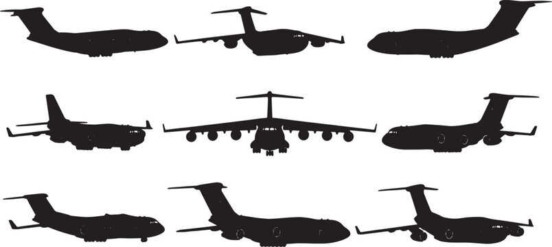 Black Solid Large Military Transport Aircraft Silhouettes Set of Six on White Background