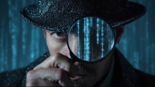Detective investigating cybersecurity data with magnifying glass
