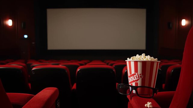 Empty plush red cinema theater seats await an audience for a feature film presentation with popcorn and 3d glasses resting on the armrest in the dark.