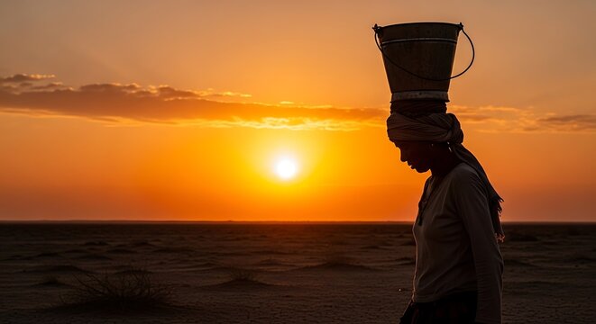Woman carrying water bucket at sunset in the desert