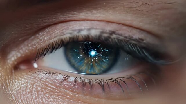 Close-up of a human eye with vibrant blue iris and detailed eyelashes.